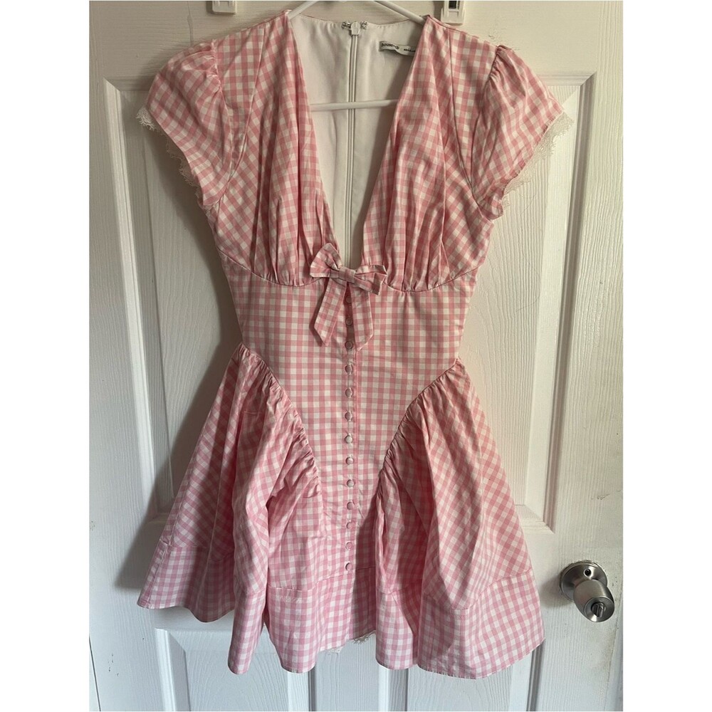 House of CB Mini Dress Pink Gingham Emiliana Short Sleeve size XS - Picture 3 of 12